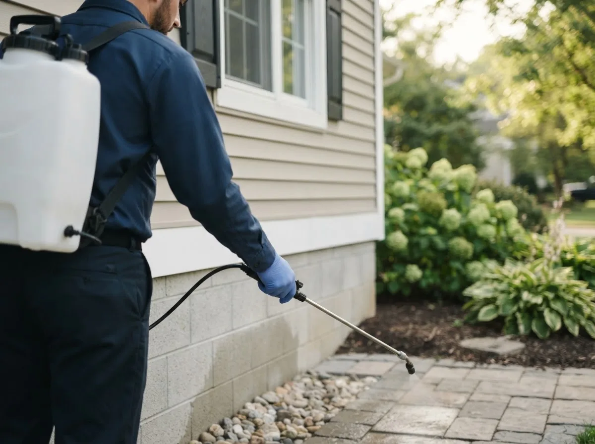 Pest control technician inspecting a home in Gypsum, OH
